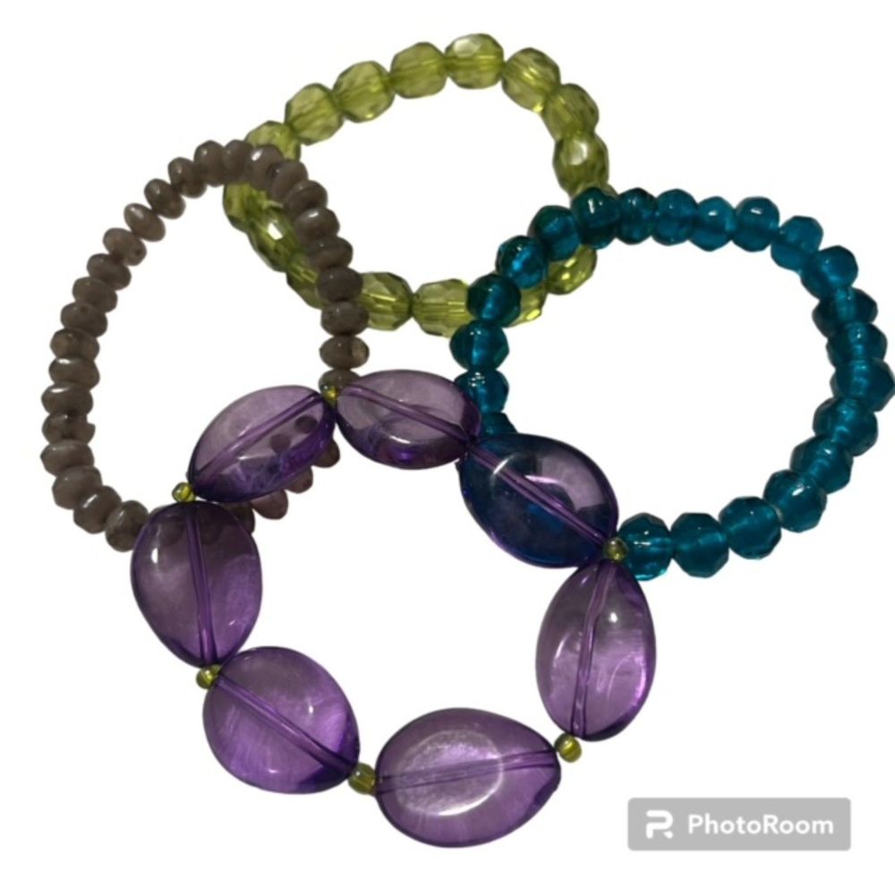 Lot of 4 Purple Green Gray Blue Clear Beads Elastic Stretchy Bracelets